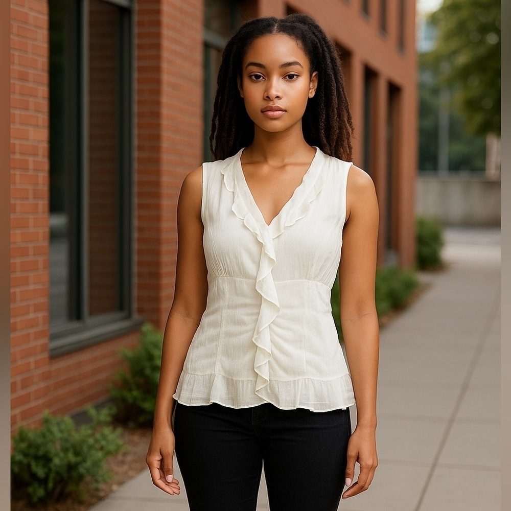 WD-NY 100% Silk Cream Whimsical Sleeveless Ruffle Blouse Women’s Size M